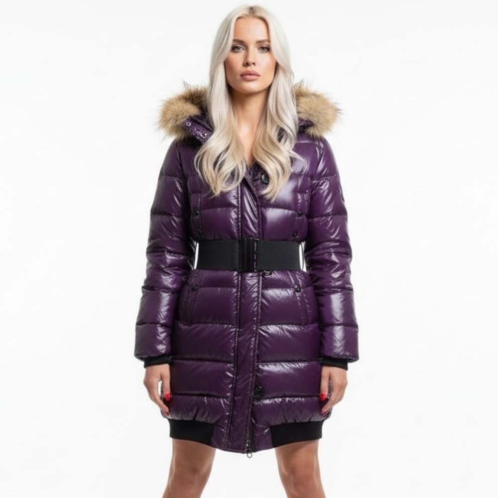 Shiny Purple Metallic Puffer Parka Jacket with Faux Fur Hood with Belt